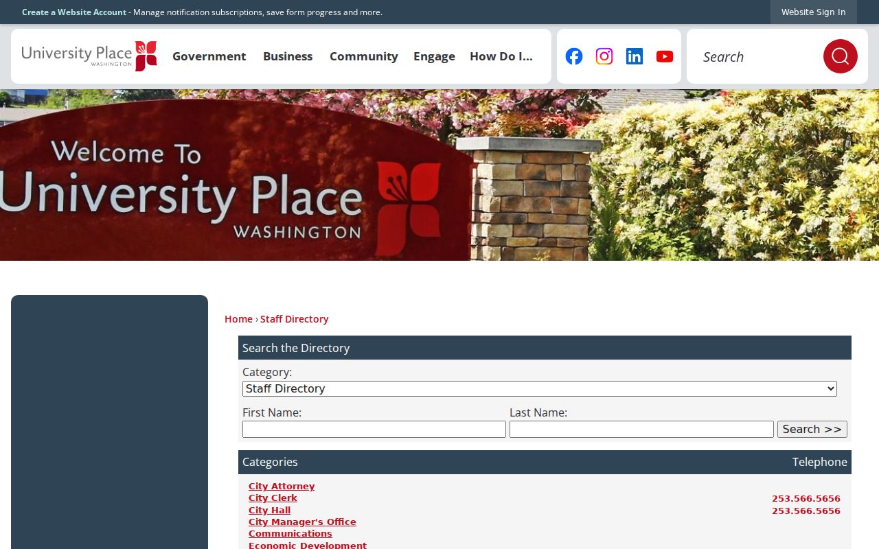 University Place people directories city department and staff search