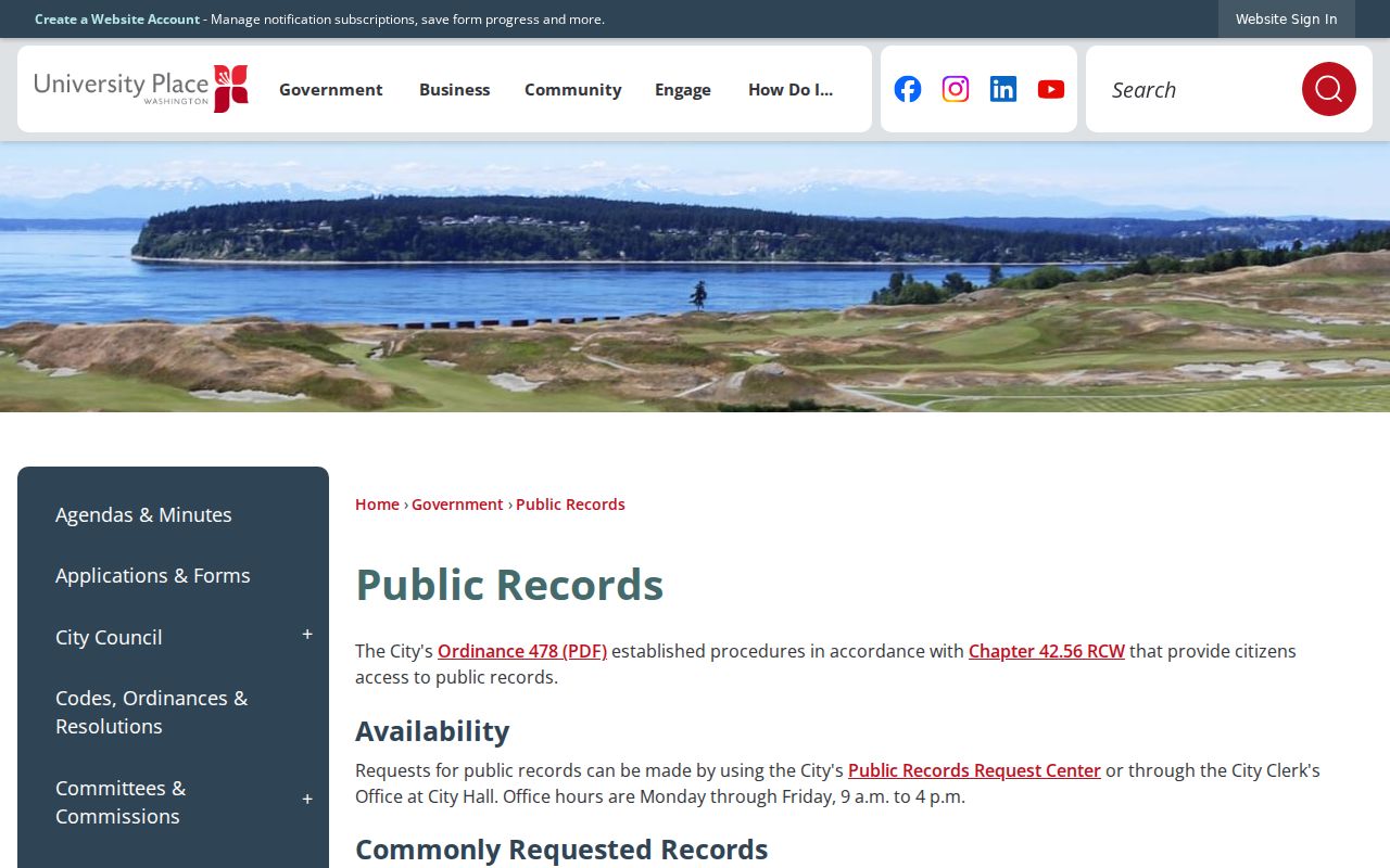 University Place public records request route and custodian redirects