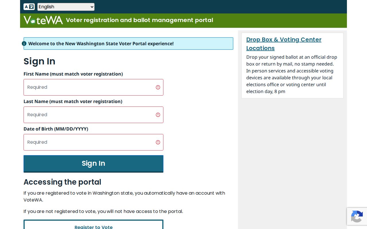 University Place voter registration lookup screen in VoteWA